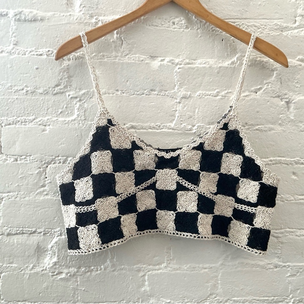 Boho Festival Crochet Cami Top Cropped Black Cream Granny Squares Y2K Hippie S
